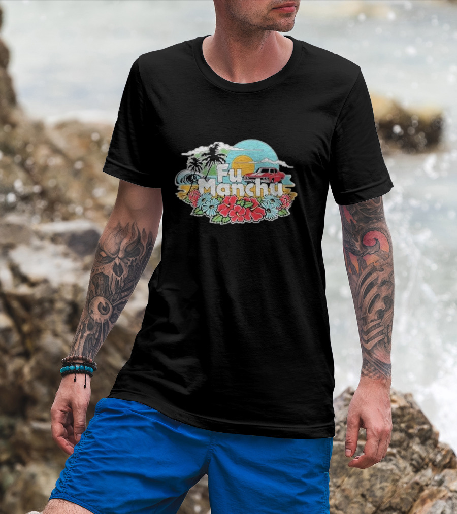 Fu Manchu Surf Beach 2024 Vintage Car Tropical Flowers Sun Waves T-Shirt