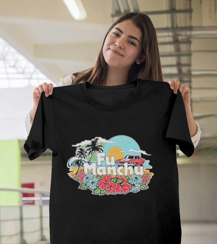 Fu Manchu Surf Beach 2024 Vintage Car Tropical Flowers Sun Waves T-Shirt