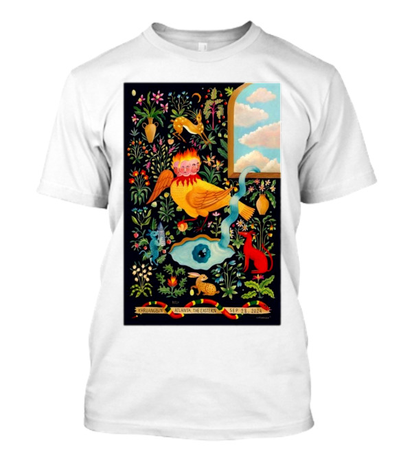 Khruangbin Atlanta The Eastern September 28 2024 Colorful Surreal Floral Art With Playful Animals And Streaming Clouds T-Shirt