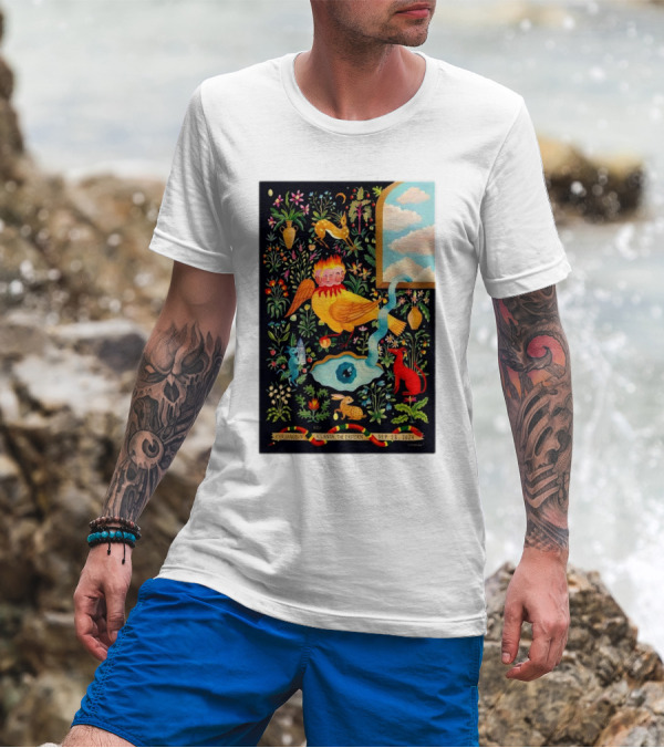 Khruangbin Atlanta The Eastern September 28 2024 Colorful Surreal Floral Art With Playful Animals And Streaming Clouds T-Shirt