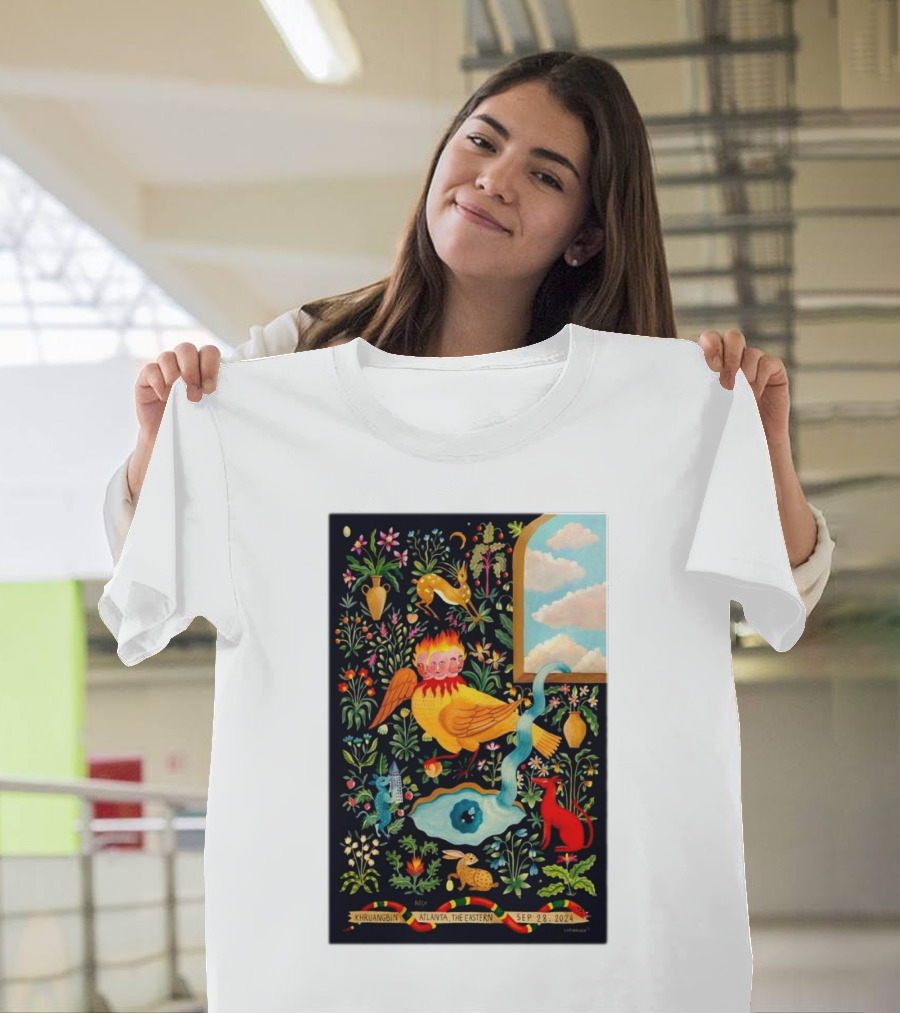 Khruangbin Atlanta The Eastern September 28 2024 Colorful Surreal Floral Art with Playful Animals and Streaming Clouds T-Shirt