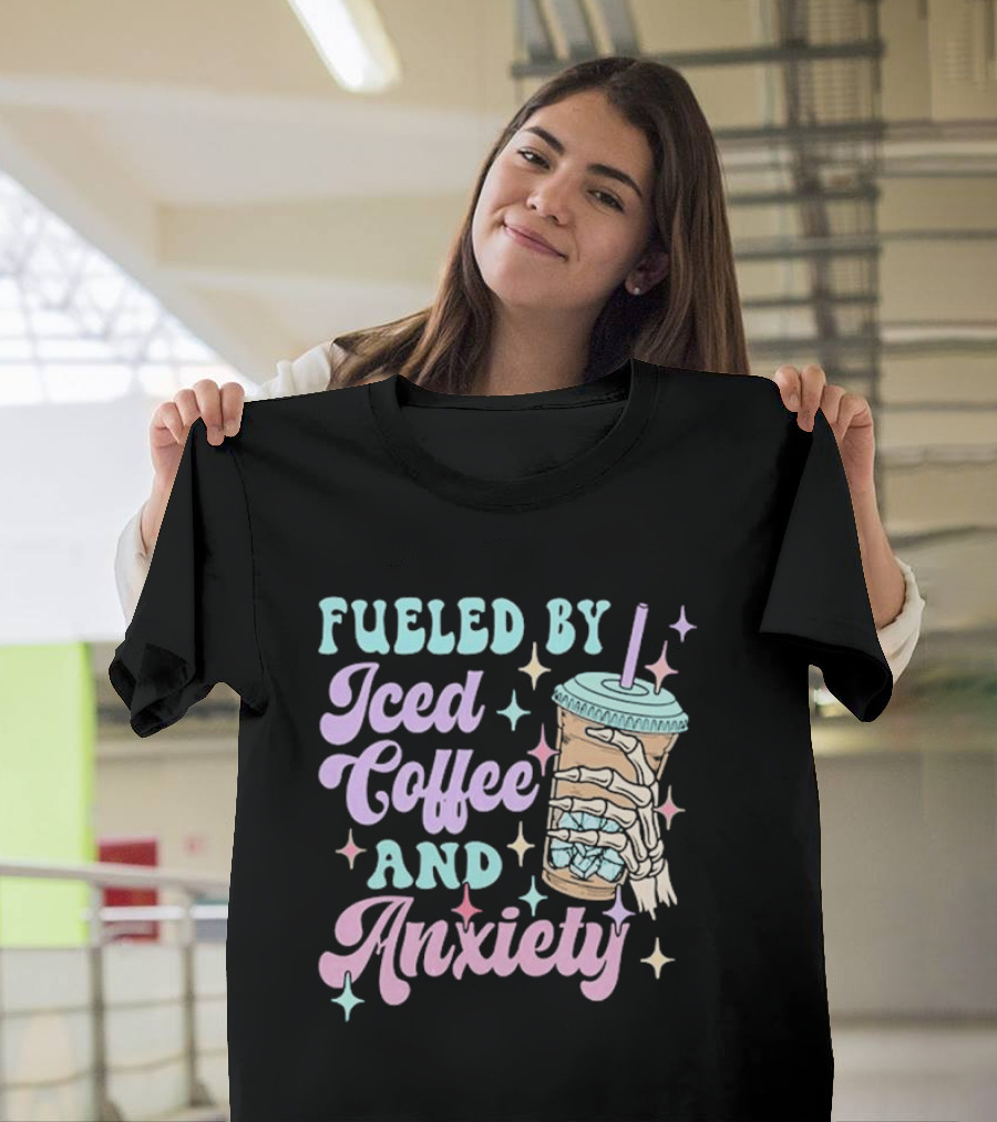 Fueled By Iced Coffee And Anxiety Skeleton Hand Pastel Aesthetic T-Shirt