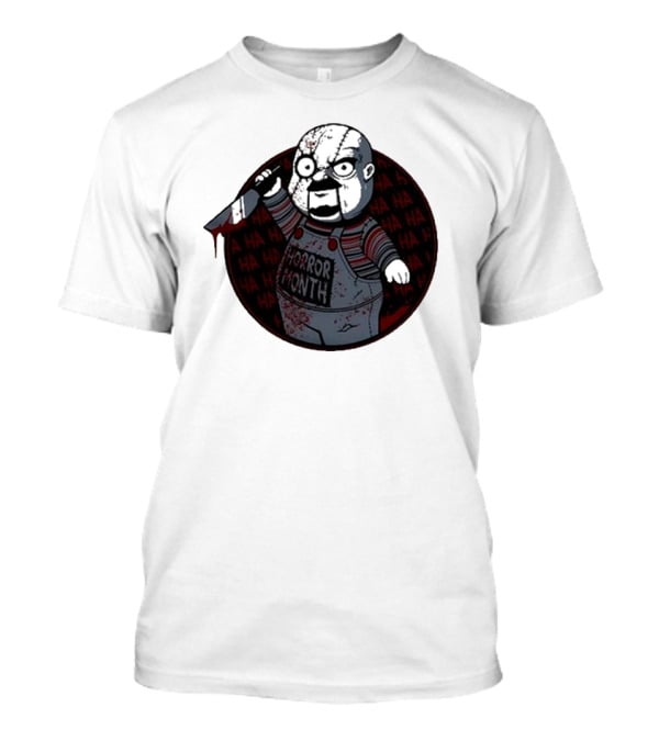 Horror Month Screen Printed Bloody Knife HA HA Masked Character T-Shirt