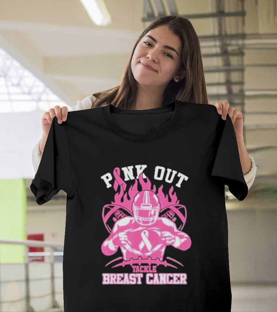 Pink Out Tackle Breast Cancer Awareness Football Player Ribbon Flames T-Shirt
