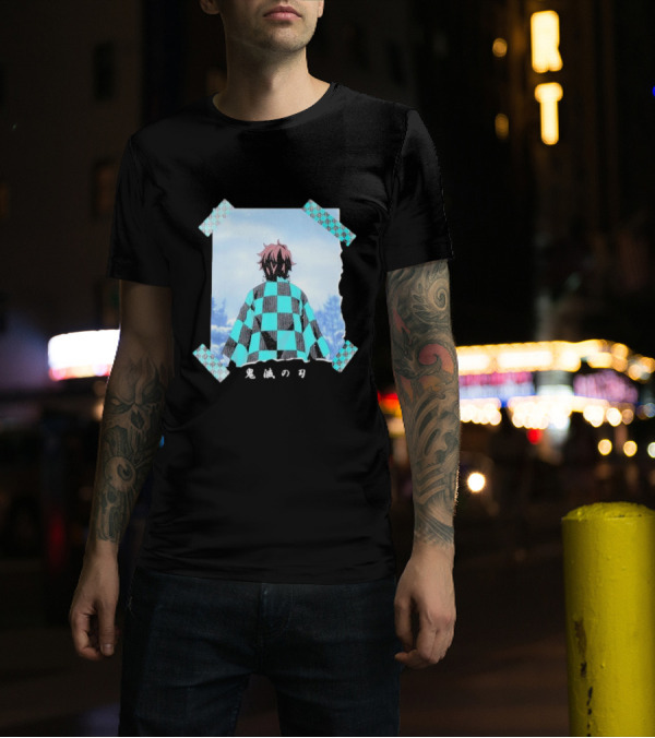 Demon Slayer Kimetsu No Yaiba Tanjiro Checkered Cloak Japanese Text UT Collection T-Shirt