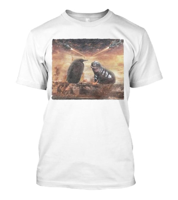 Baby Pesto Penguin Standoff With Moo Deng Amidst Battling Spaceships T-Shirt