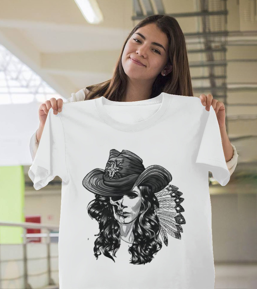 Mickie James Ghost Rider Cowgirl Skull Feather Hat T-Shirt