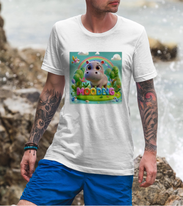 Moo-Deng The Famous Baby Pygmy Hippo Moo Deng Rainbow Meadow Scene T-Shirt