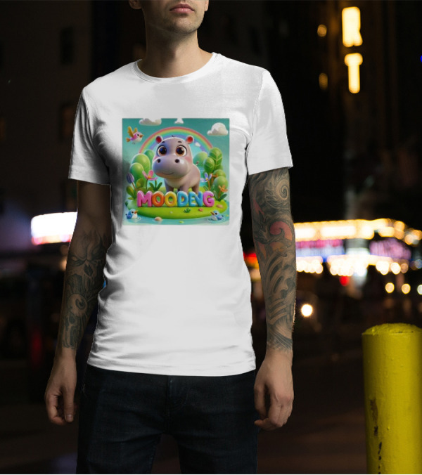 Moo-Deng The Famous Baby Pygmy Hippo Moo Deng Rainbow Meadow Scene T-Shirt