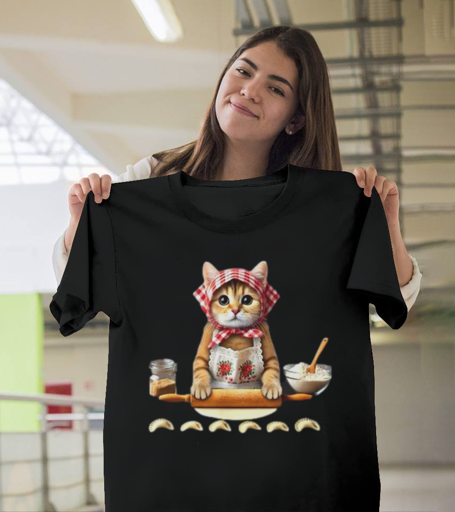 Cat Making Pierogi With Rolling Pin And Ingredients Polish T-Shirt