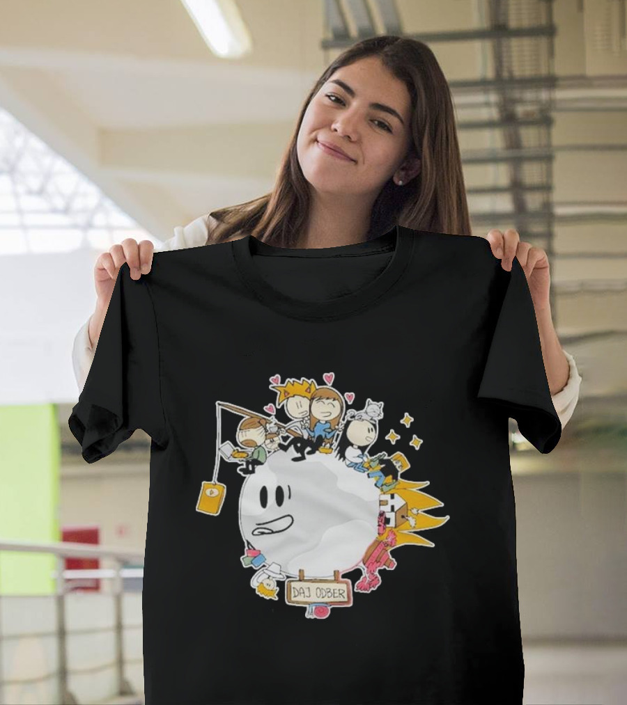 Daj Odber Cartoon Characters Around Smiling Moon with Expressions and Accessories T-Shirt