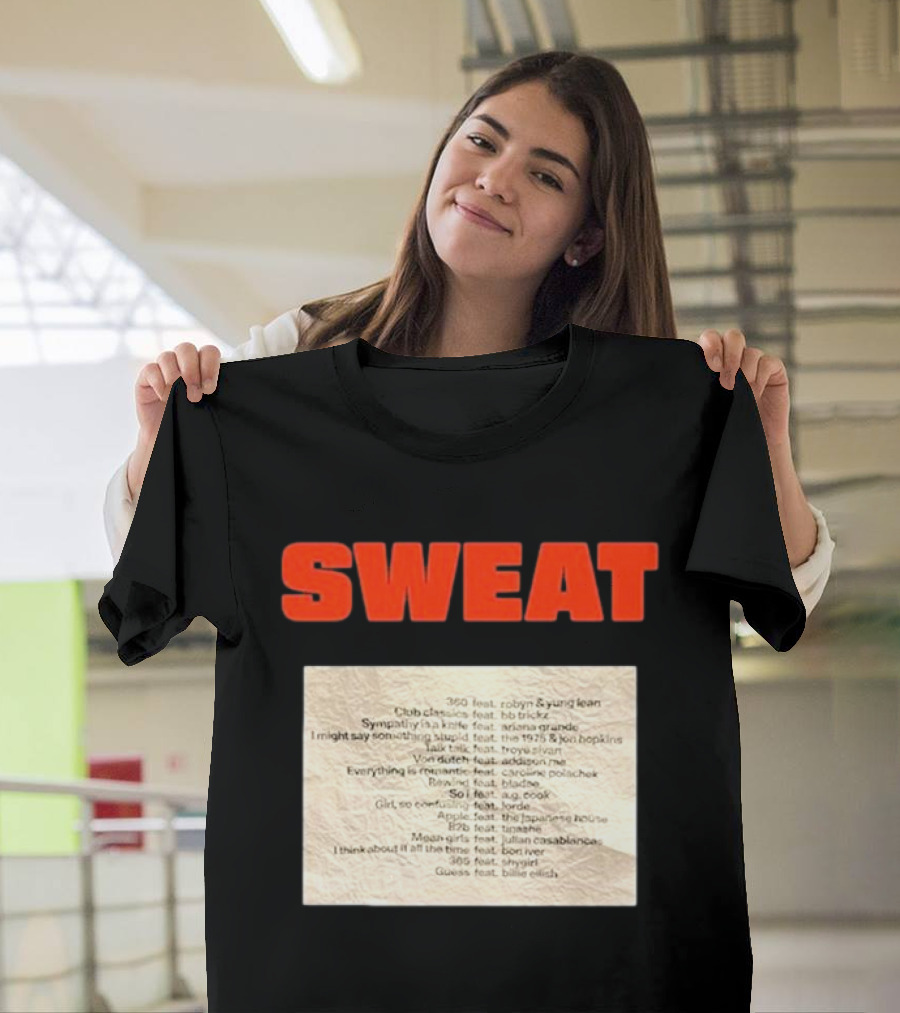 SWEAT Crumpled Up Set List Featuring Robyn, Ariana Grande, Khalid, Halsey, Lana Del Rey, Billie Eilish T-Shirt