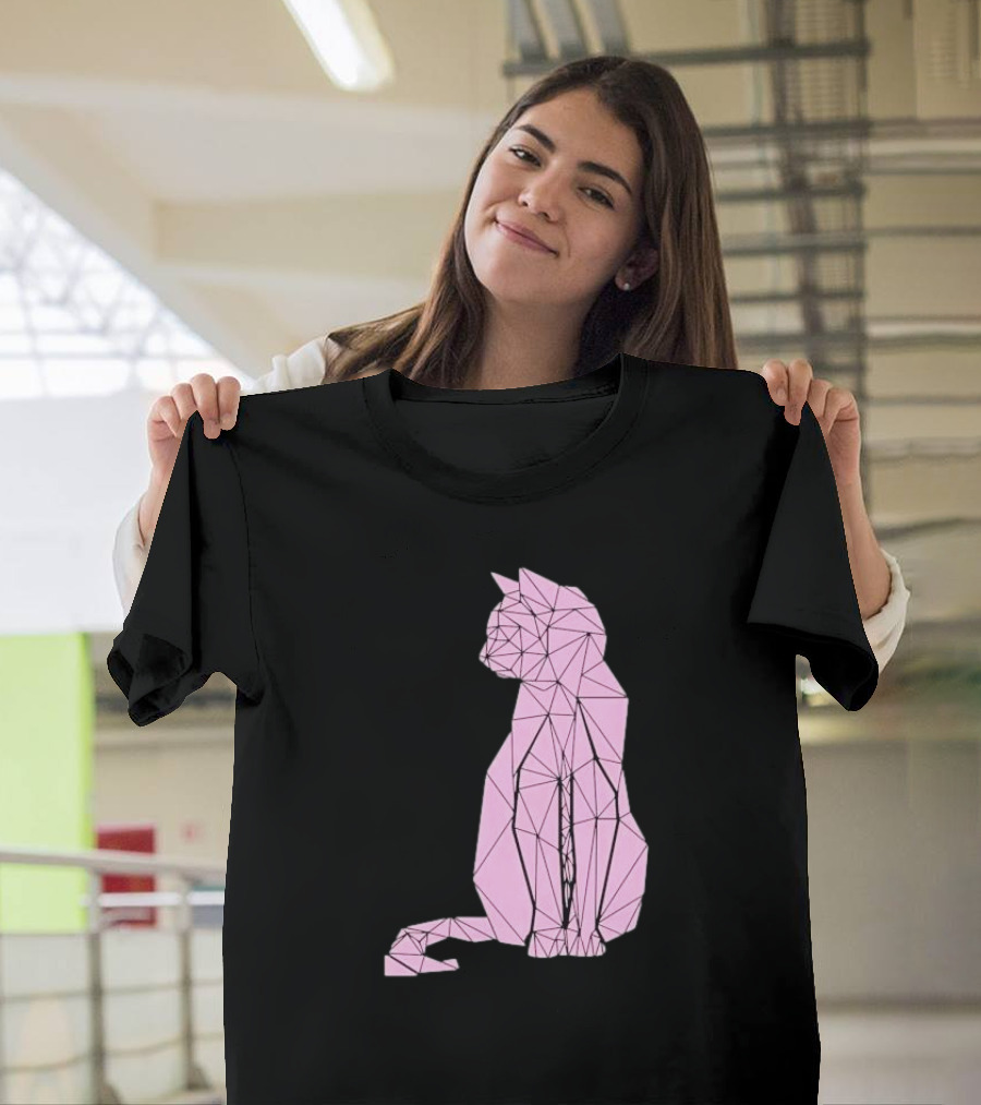 Geometric Cat Feline Pet Lover Minimalist Pink Line T-Shirt