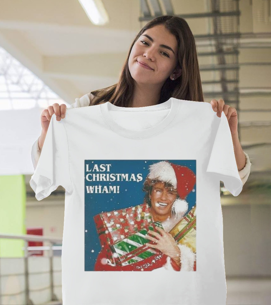 Last Christmas Wham George Michael Santa Hat Holding Gift T-Shirt