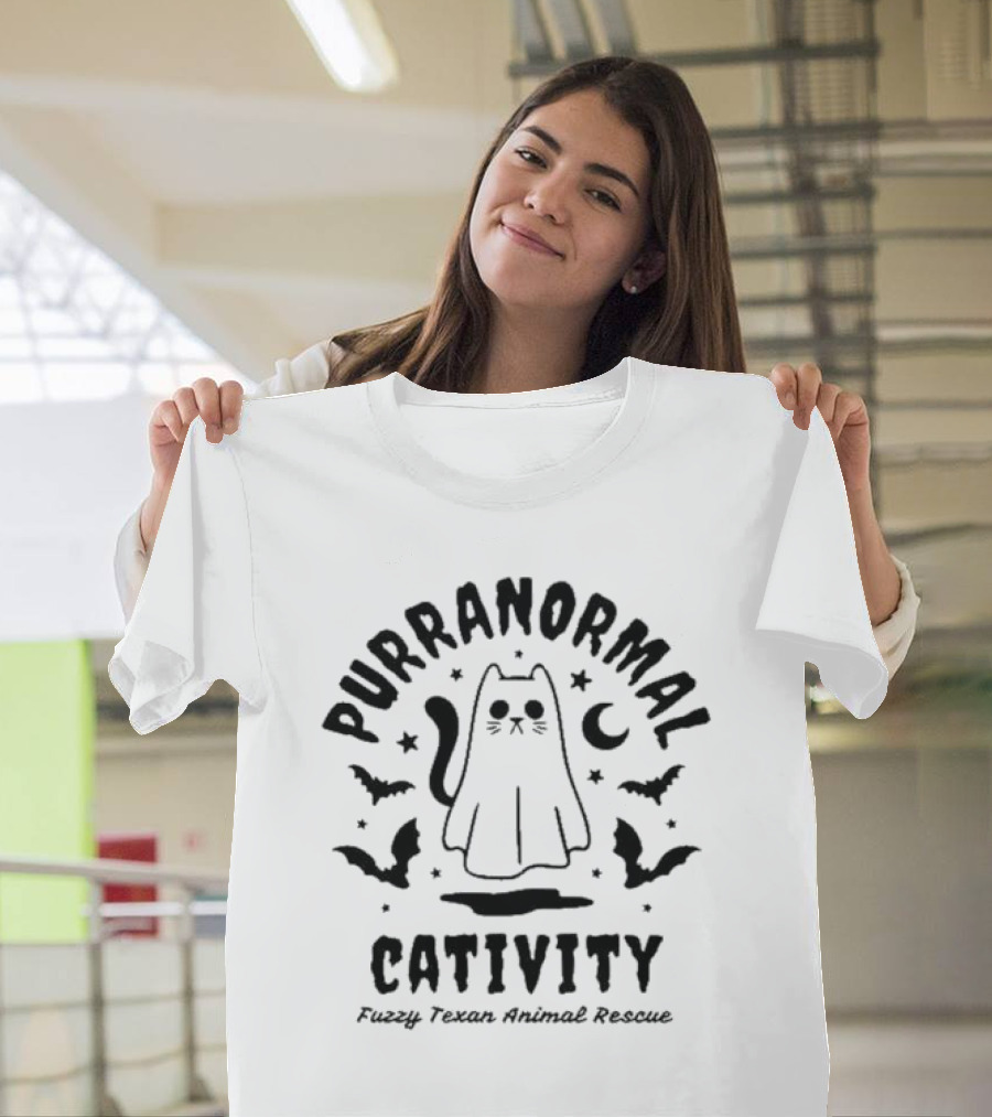 Purranormal Cativity Ghost Cat Halloween Fuzzy Texan Animal Rescue T-Shirt