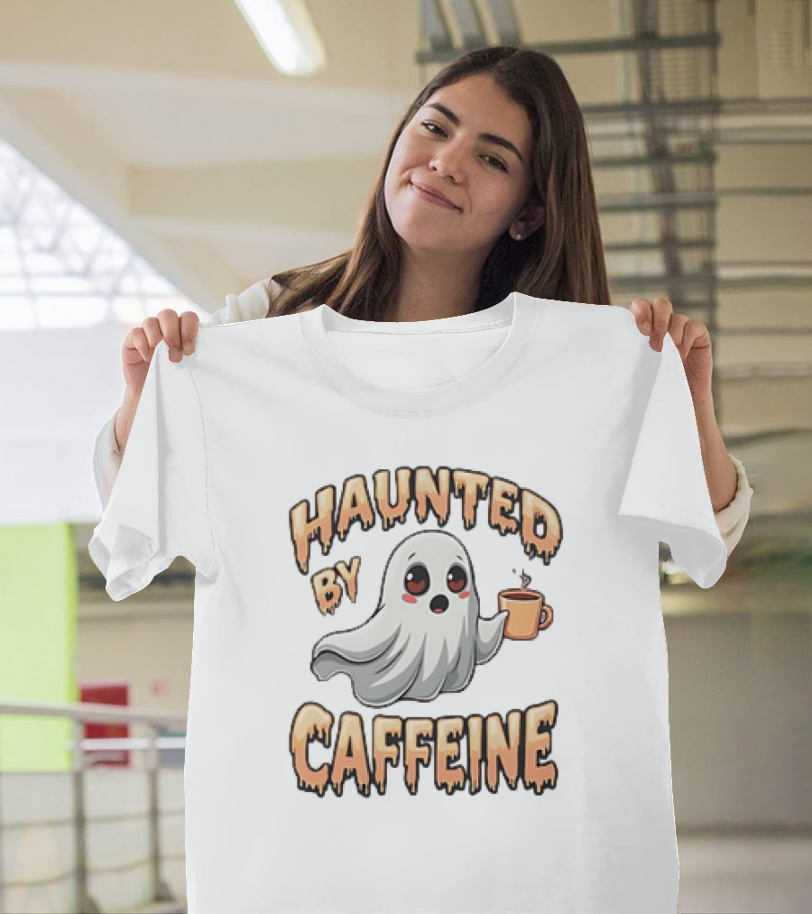 Haunted By Caffeine Ghost Holding Coffee Cup T-Shirt