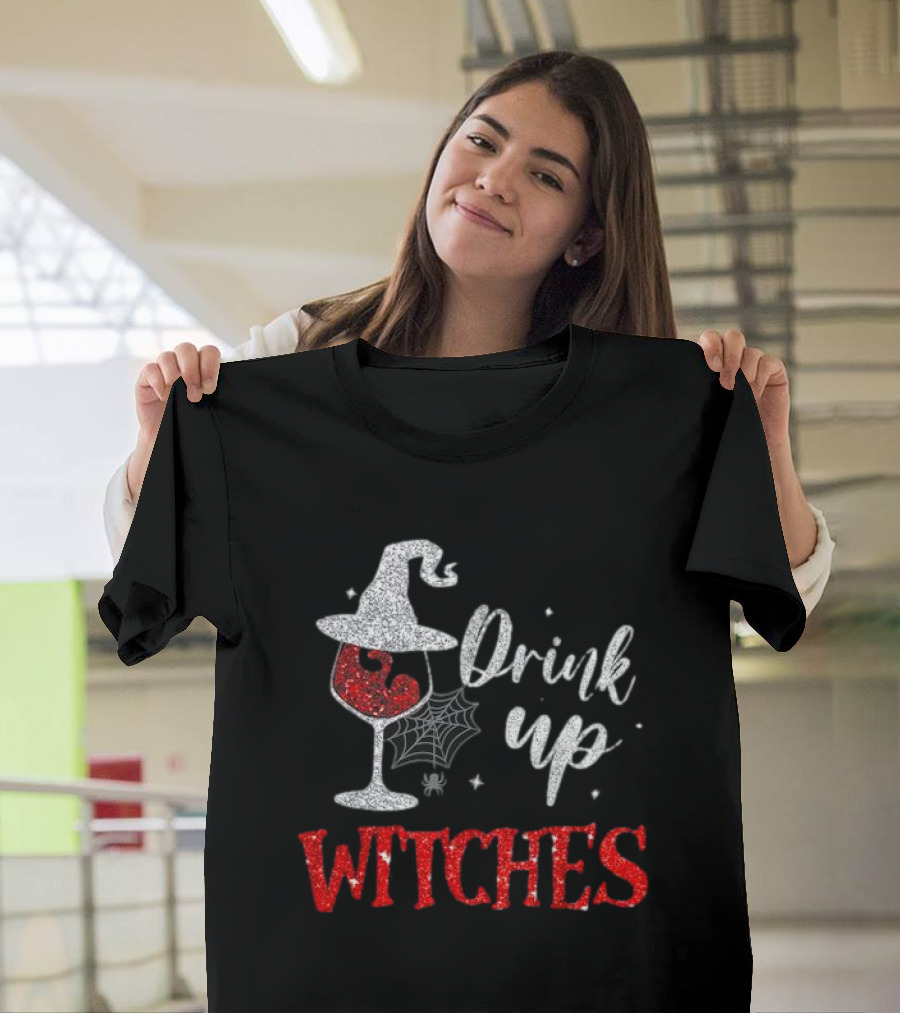Drink Up Witches Halloween Glass of Wine with Spider Web Hat T-Shirt
