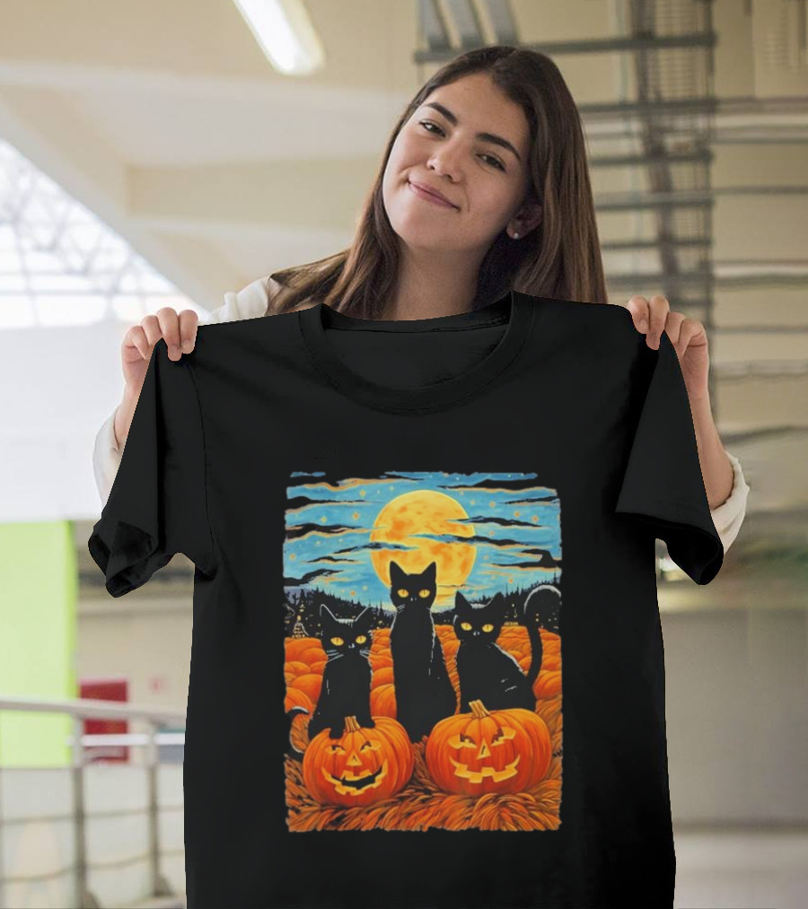Black Cat Halloween Starry Night Pumpkin Van Gogh T-Shirt