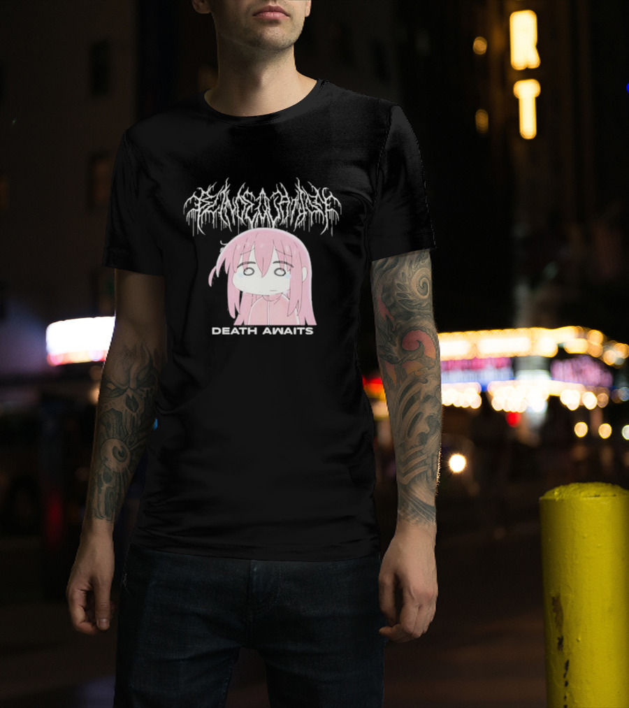 Bocchi The Rock Death Awaits Metal Style Art With Pink-Haired Character T-Shirt
