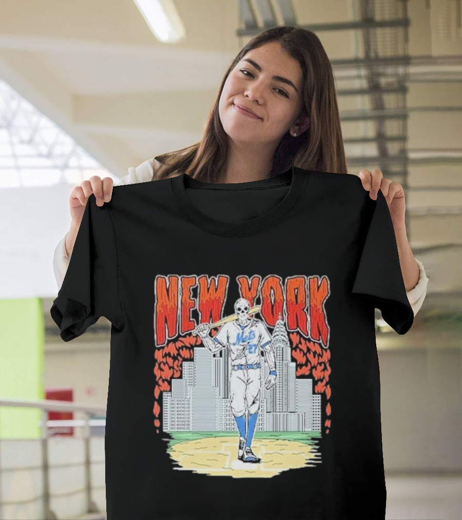 New York Mets Skull Reed Garrett Baseball Skyline T-Shirt