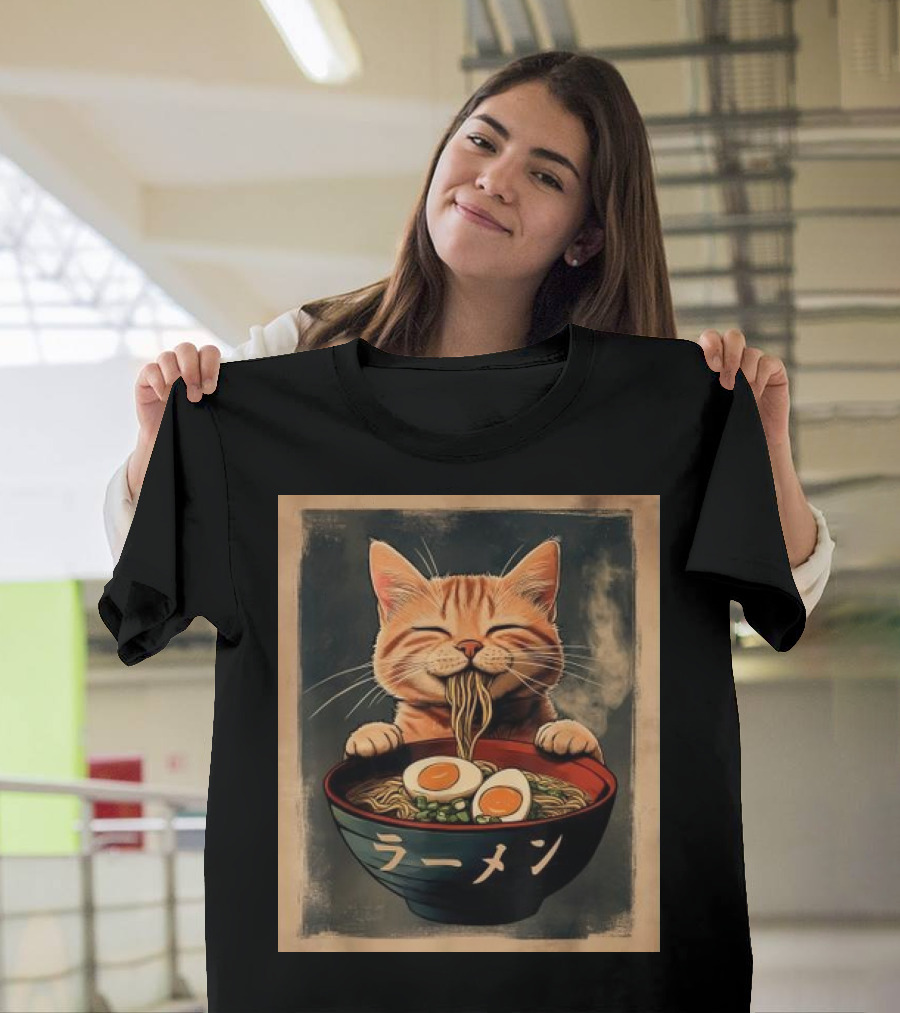 Cat Eating Ramen Kawaii Anime Japanese T-Shirt