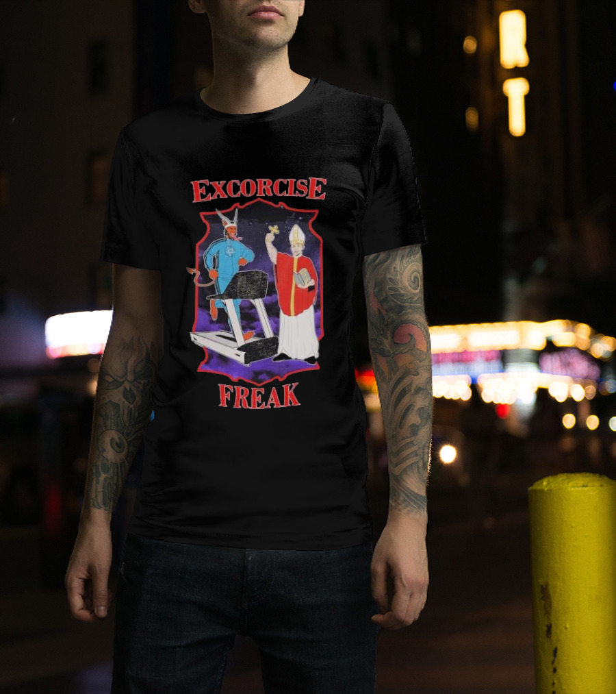 EXCORCISE FREAK Demon On Treadmill With Priest T-Shirt