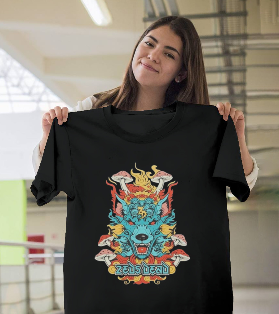 Zeds Dead Psychedelic Wolf And Mushrooms Imagery Navy T-Shirt