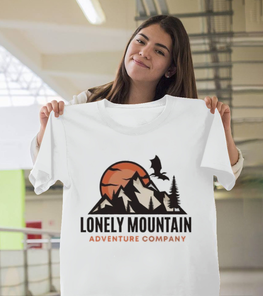 Lonely Mountain Adventure Company Dragon and Sunset Mountain Scene T-Shirt