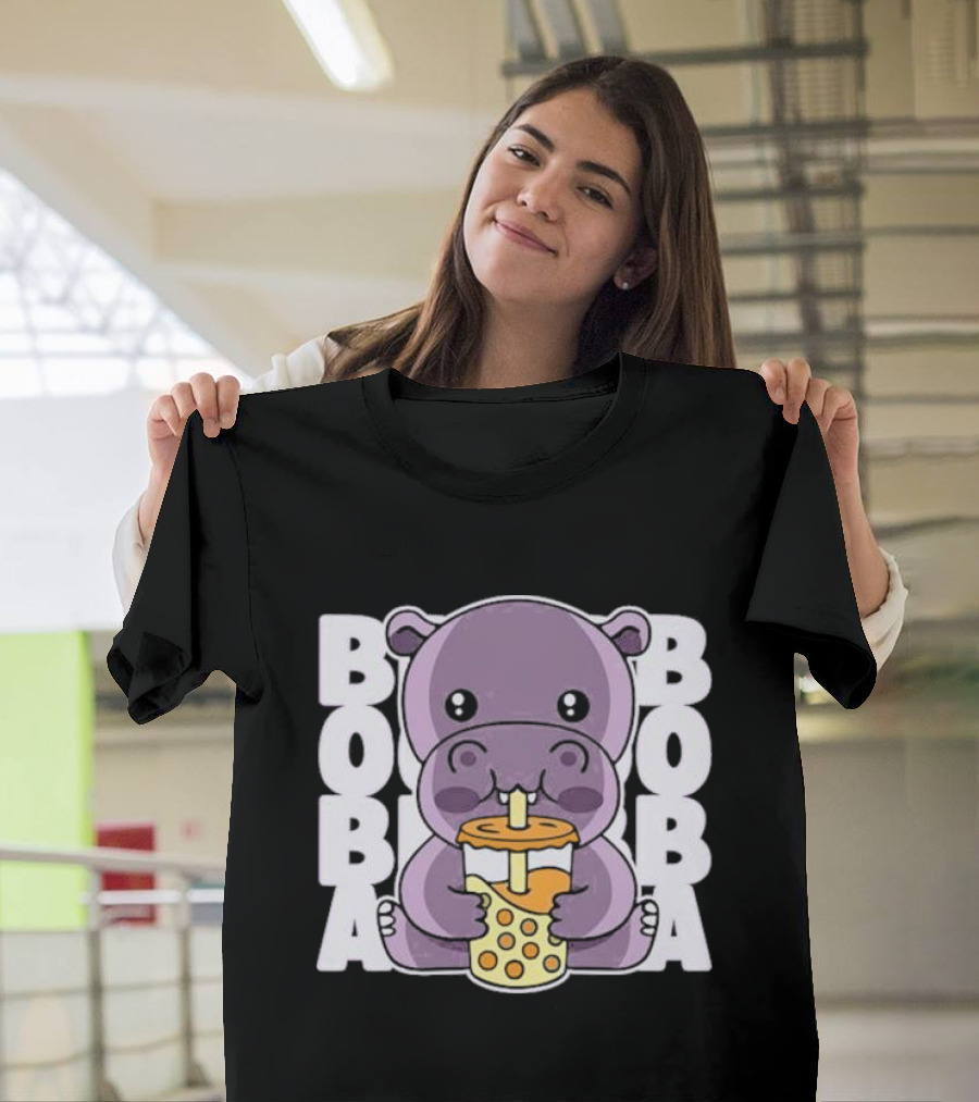 Kawaii Hippo Boba Tea Moo Deng Hippo Boba Boba T-Shirt
