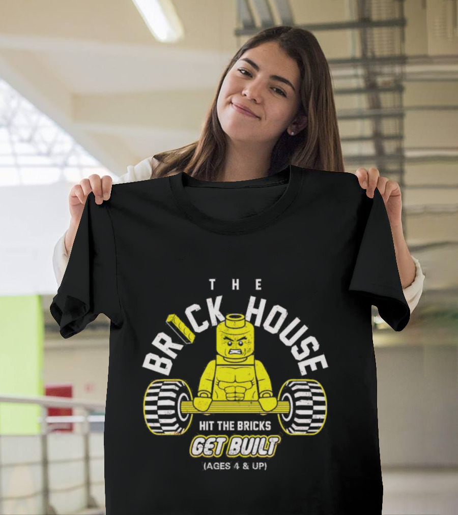 The Brick House Hit The Bricks Get Built Ages 4 and Up Yellow Lego Weightlifter T-Shirt