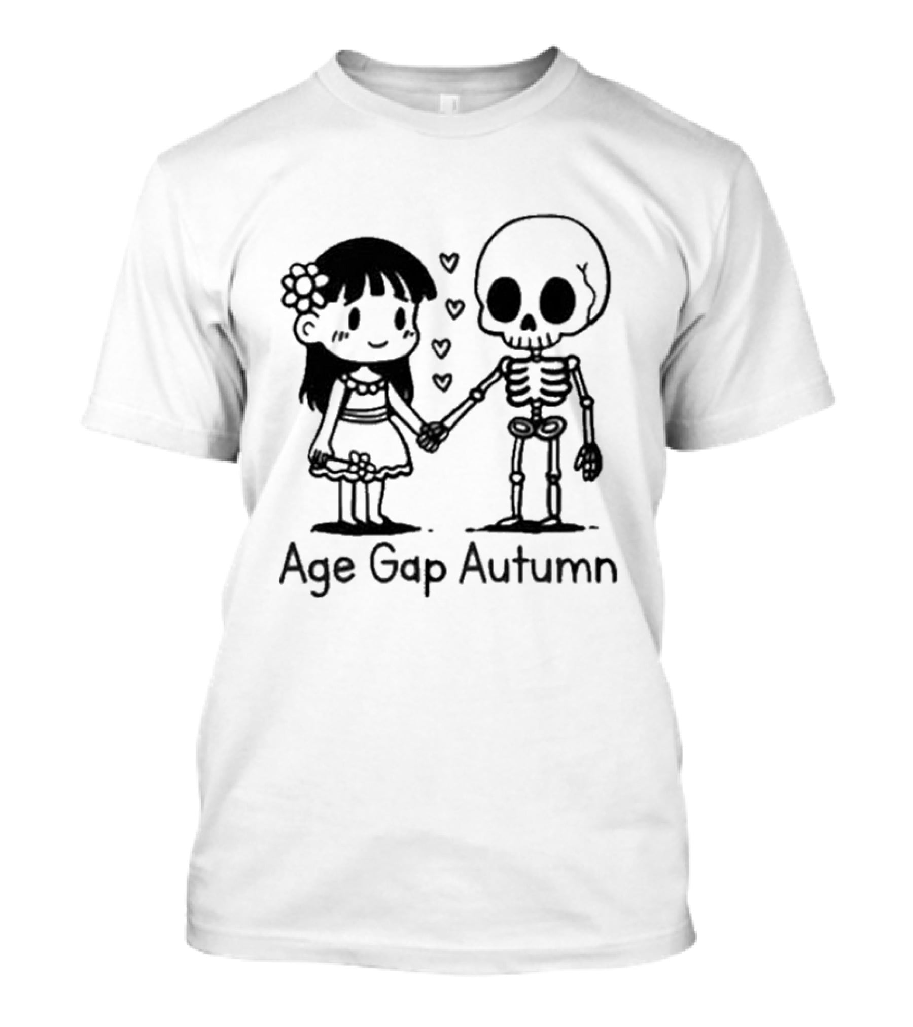 Age Gap Autumn Girl And Skeleton Holding Hands With Hearts T-Shirt