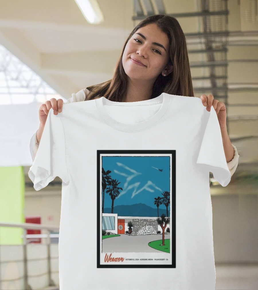 Weezer October 12 2024 Acrisure Arena Palm Desert CA Desert Scene with Jet and Palm Trees T-Shirt