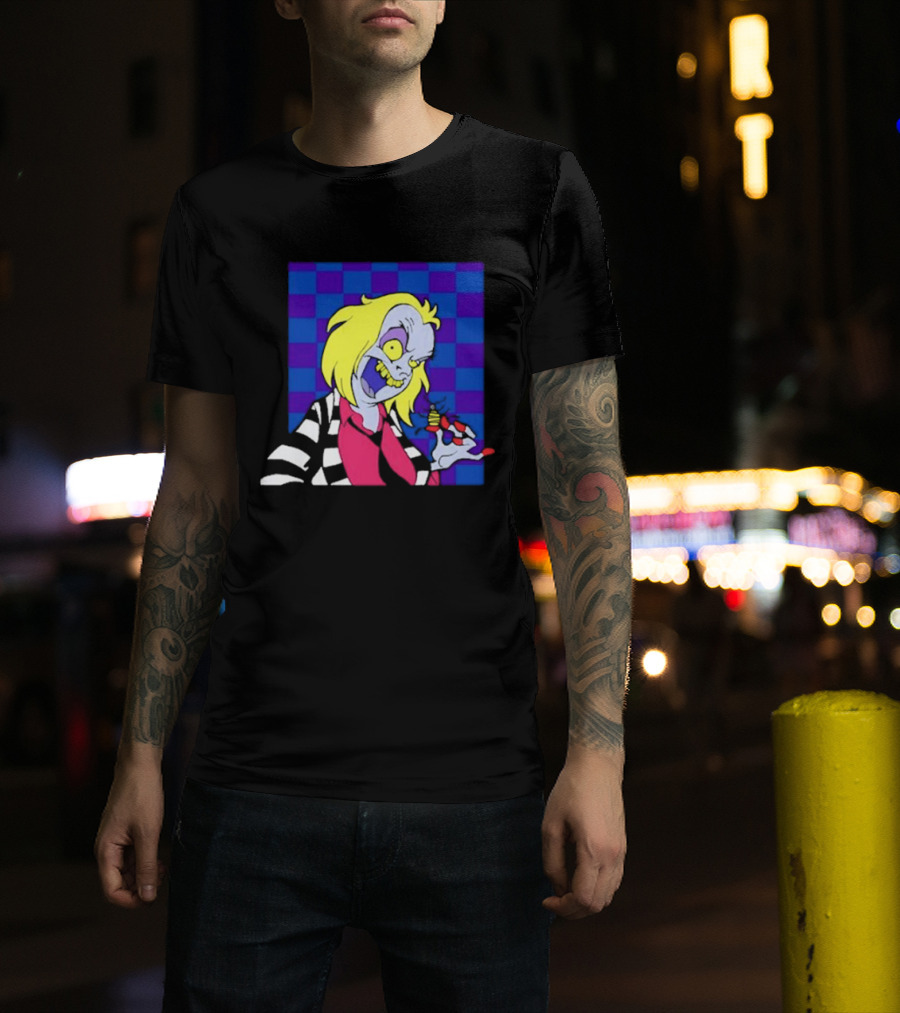 Pan Pizza Beetlejuice Cartoon Checkered Background T-Shirt