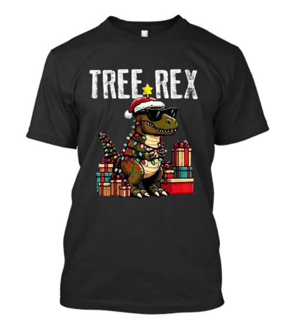 Christmas Dinosaur Tree Rex Xmas Trex Santa Hat And Presents T-Shirt