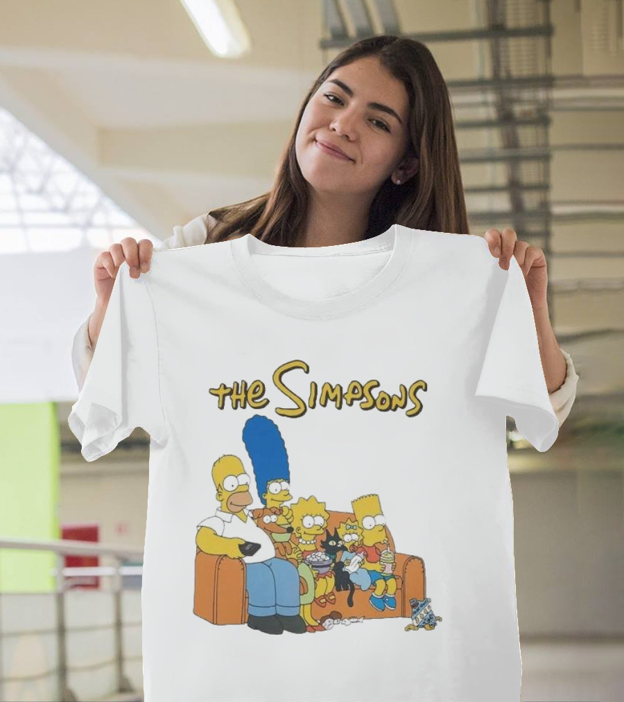 The Simpsons Couch Family Scene with Homer Marge Bart Lisa Maggie and Pets T-Shirt