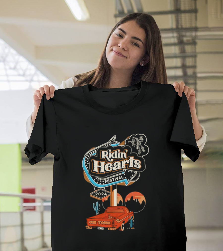 Ridin Hearts Festival 2024 On Tour Retro Neon Sign Cowboy Pickup Desert Scene T-Shirt