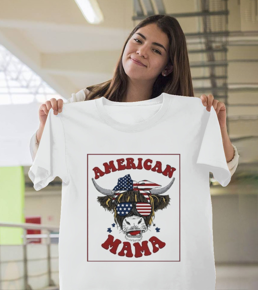 American Mama Cow Patriotic Flag Bandana and Glasses T-Shirt