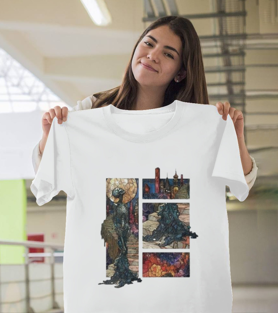 Zedd Descensus 2024 Stained Glass Fantasy Cityscape with Skeleton and Moon T-Shirt