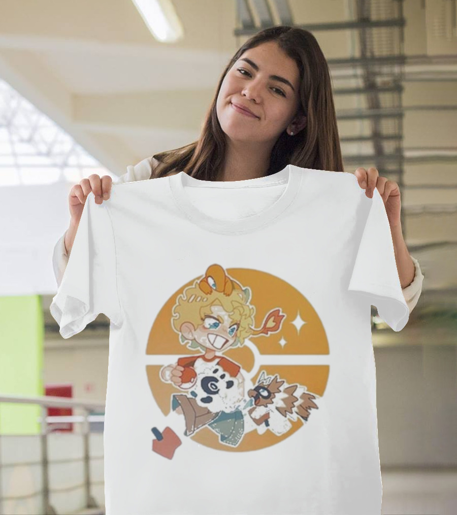 Snifferish Pokemon 2024 Trainer with Squirtle and Rockruff Characters on Orange Pokeball Background T-Shirt