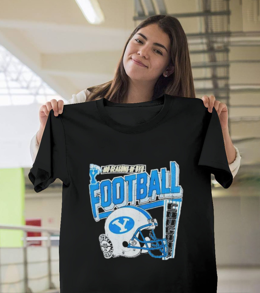 100 Seasons of BYU Football Cougars Helmet Royal Army Brand T-Shirt