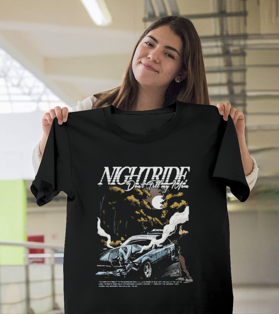 Nightride Don't Tell My Mom Night Car Crash Scene with Full Moon and Trees T-Shirt