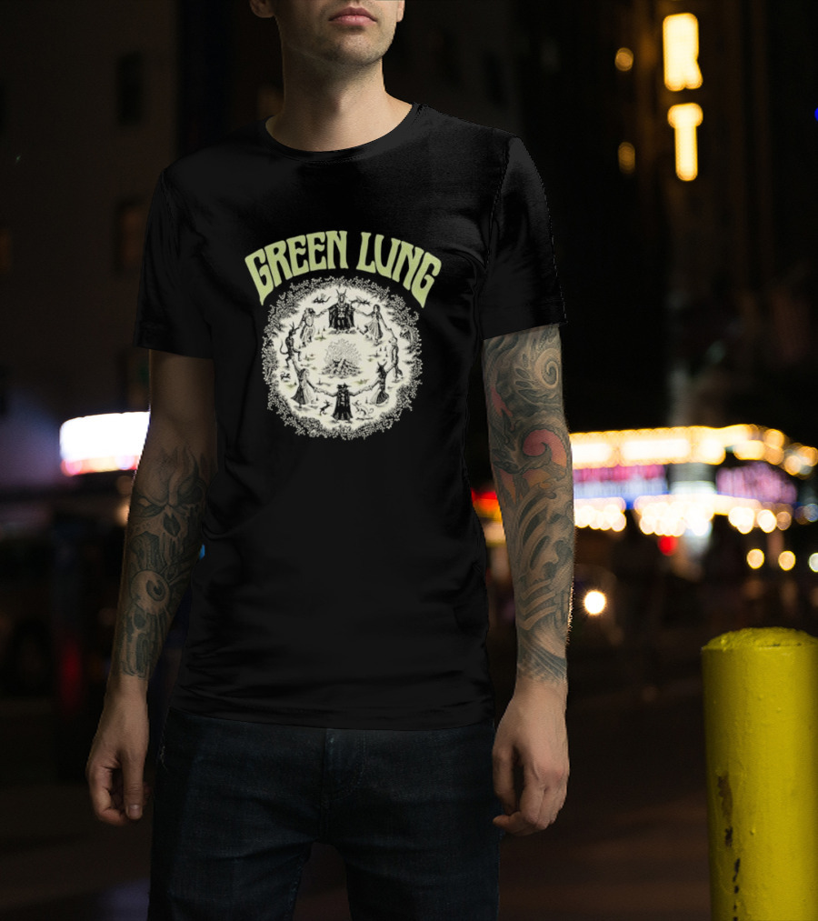 Green Lung Mystic Circle Ritual Scene With Figures And Central Fire T-Shirt