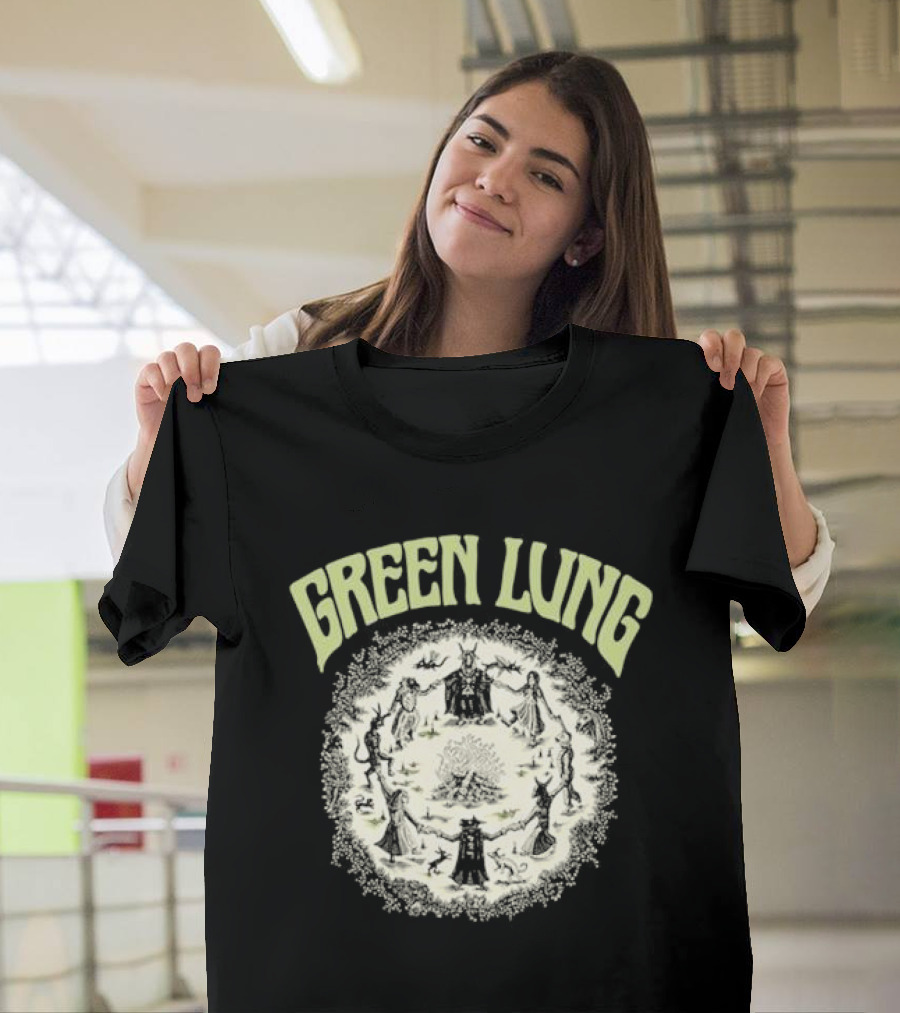 Green Lung Mystic Circle Ritual Scene With Figures And Central Fire T-Shirt