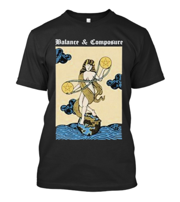 Balance And Composure Tarot Card Woman Standing On Earth With Pentacles And Clouds T-Shirt