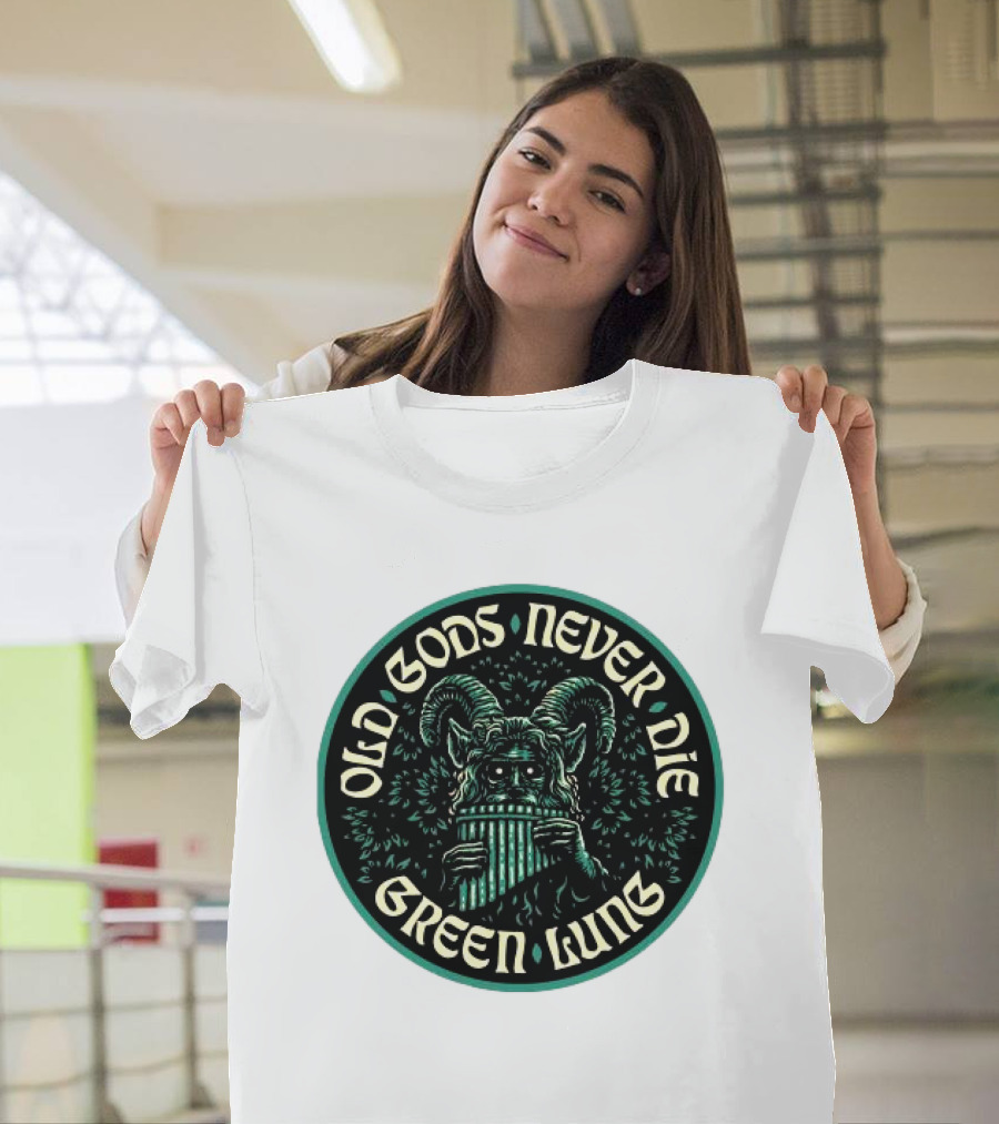 Old Gods Never Die Green Lung Goat-Horned Creature with Pan Flute T-Shirt