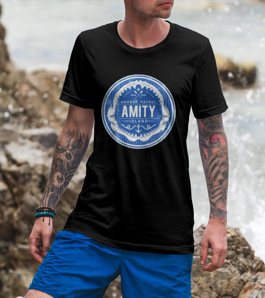 Amity Island Harbor Patrol ESTD 1975 Shark Jaw Anchor Badge T-Shirt
