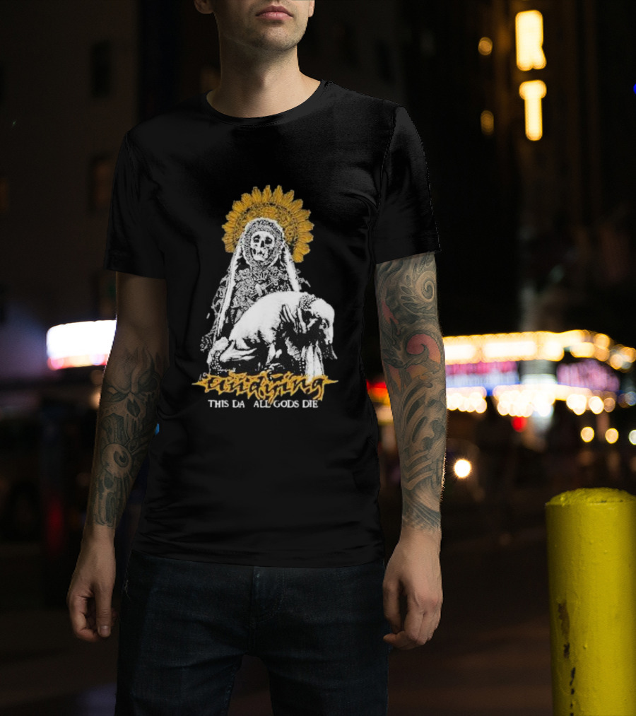Undying This Day All Gods Die Skeleton Priest With Lamb And Sunflower Halo T-Shirt