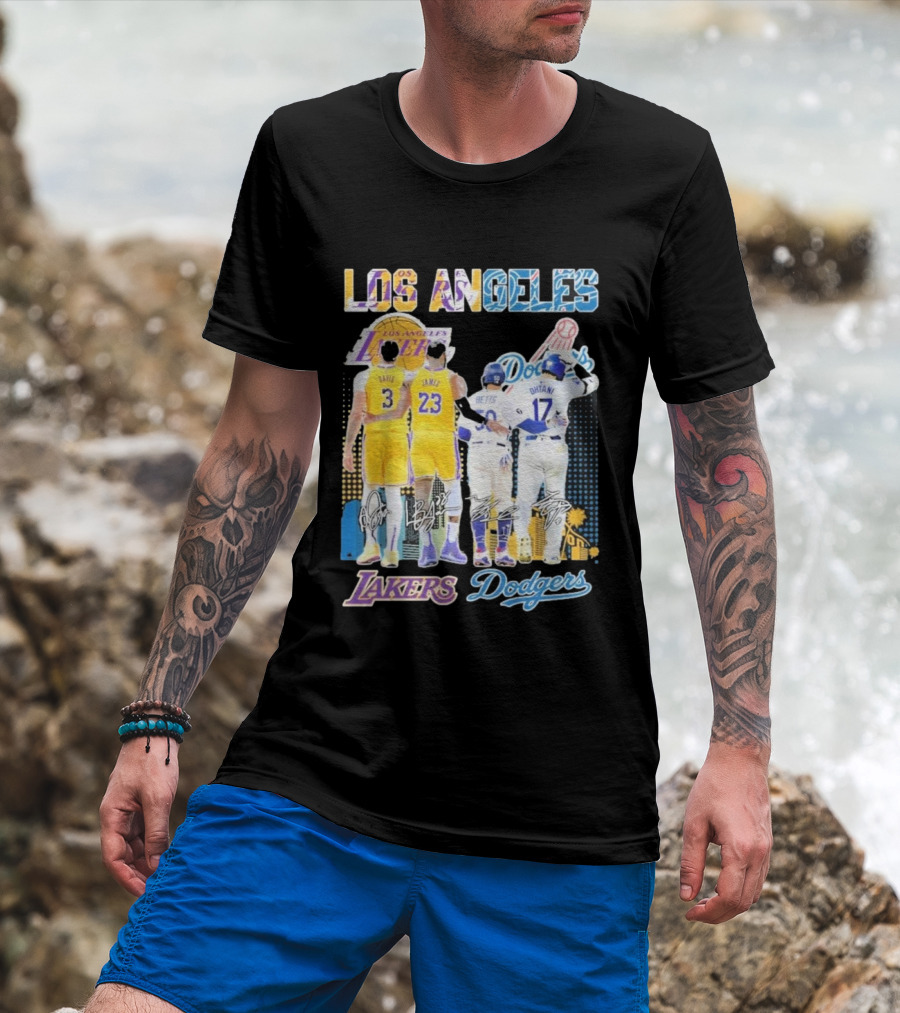 Los Angeles Lakers Dodgers LeBron James Anthony Davis Mookie Betts Freddie Freeman Signatures T-Shirt