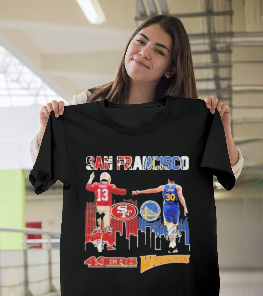 San Francisco 49ers Golden State Warriors Signatures With San Francisco Skyline T-Shirt
