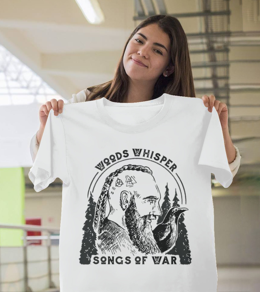 Woods Whisper Songs of War Viking with Raven and Forest Symbols T-Shirt